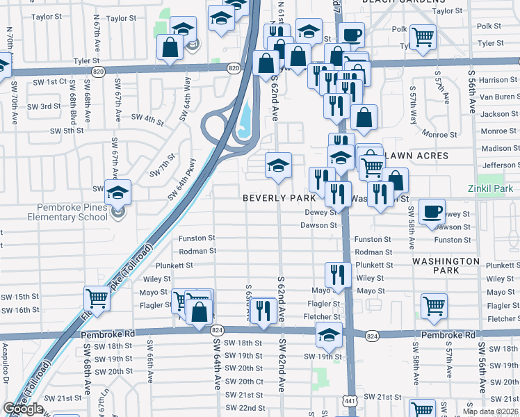 map of restaurants, bars, coffee shops, grocery stores, and more near 6224 Washington Street in Hollywood