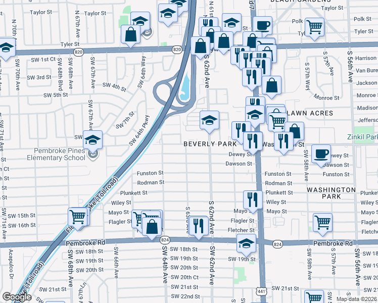 map of restaurants, bars, coffee shops, grocery stores, and more near 6224 Washington Street in Hollywood