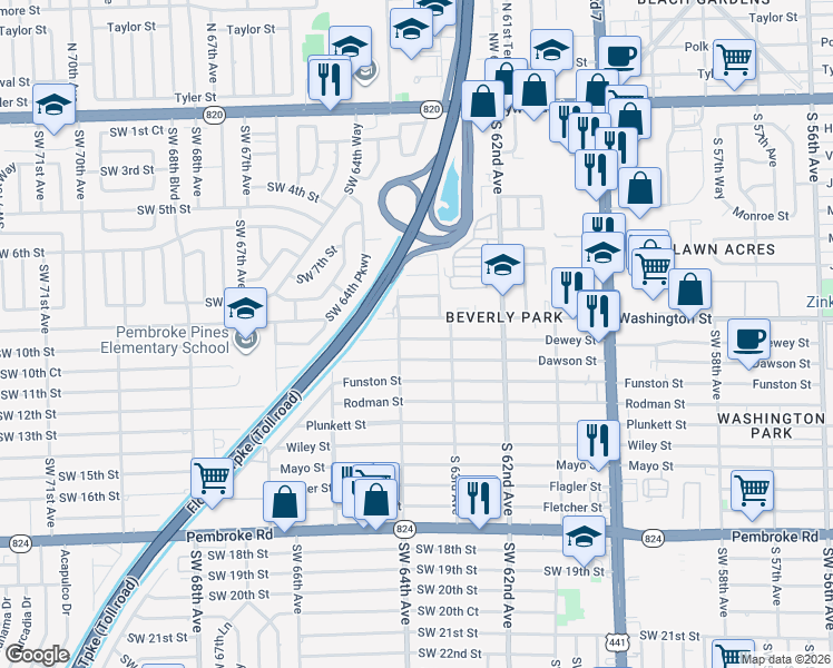 map of restaurants, bars, coffee shops, grocery stores, and more near 6312 Washington Street in Hollywood