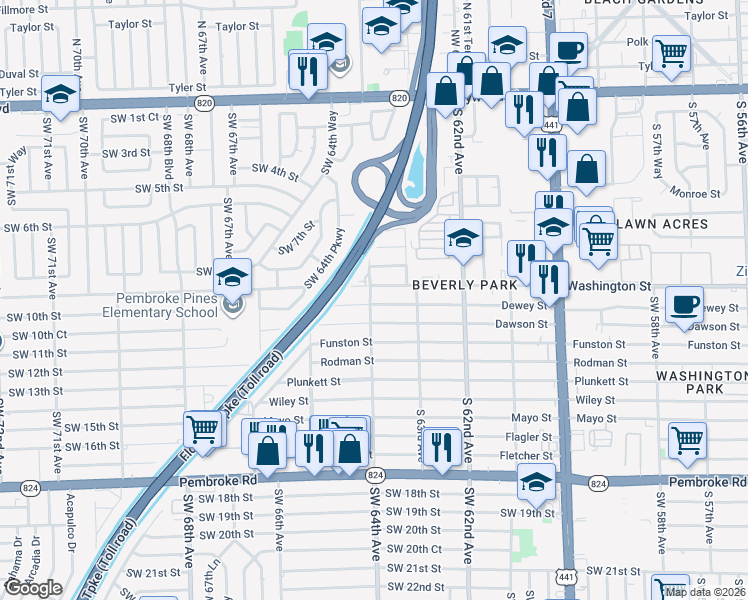 map of restaurants, bars, coffee shops, grocery stores, and more near 6400 Washington Street in Hollywood