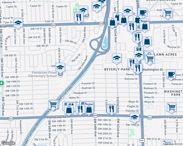 map of restaurants, bars, coffee shops, grocery stores, and more near 6400 Washington Street in Hollywood