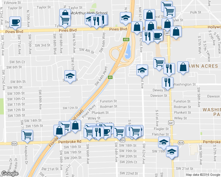 map of restaurants, bars, coffee shops, grocery stores, and more near 6400 Washington Street in Hollywood