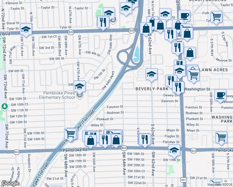 map of restaurants, bars, coffee shops, grocery stores, and more near 6400 Washington Street in Hollywood