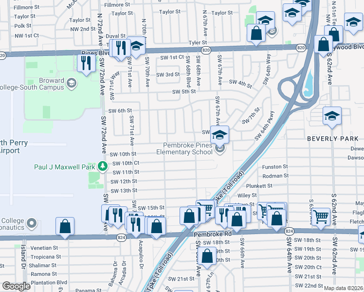 map of restaurants, bars, coffee shops, grocery stores, and more near 6861 Southwest 9th Street in Pembroke Pines