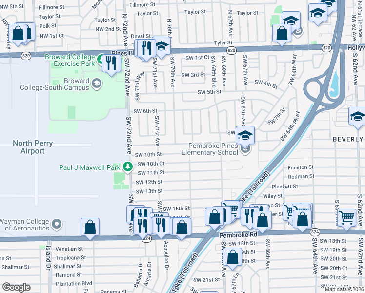 map of restaurants, bars, coffee shops, grocery stores, and more near 7001 Southwest 9th Street in Pembroke Pines