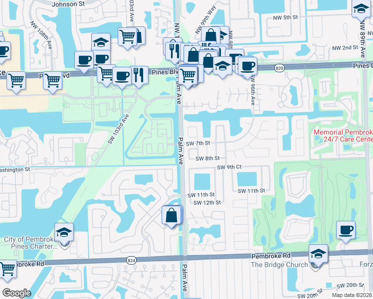 map of restaurants, bars, coffee shops, grocery stores, and more near 10001 Southwest 7th Court in Pembroke Pines