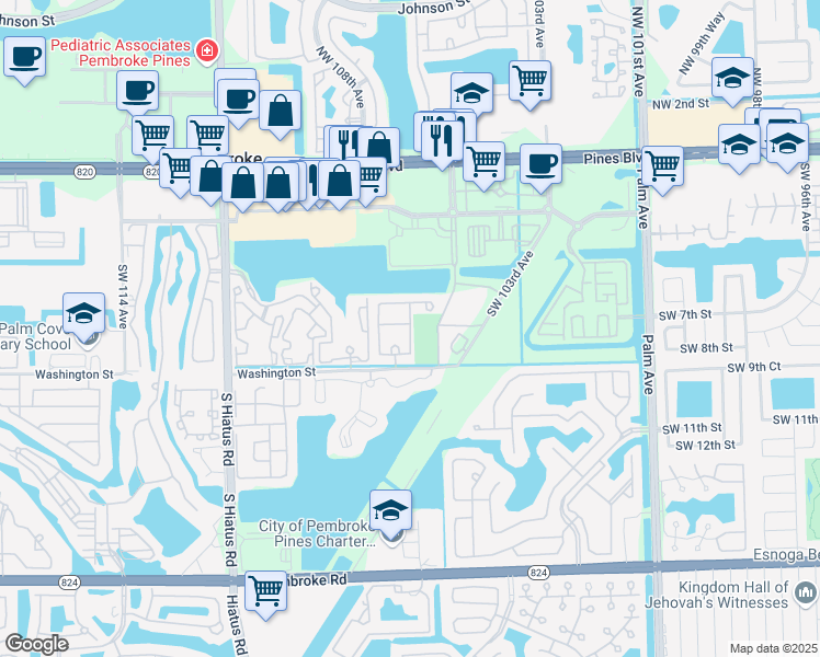 map of restaurants, bars, coffee shops, grocery stores, and more near 662 Southwest 106th Avenue in Pembroke Pines