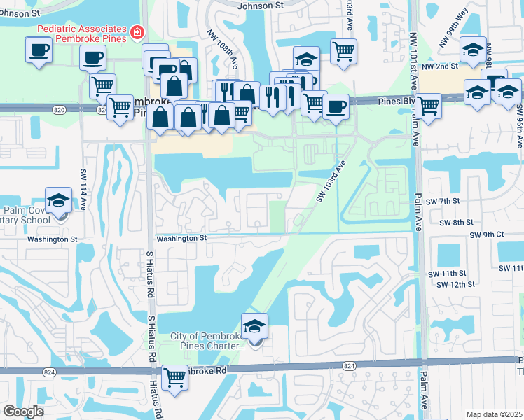 map of restaurants, bars, coffee shops, grocery stores, and more near 662 Southwest 106th Avenue in Pembroke Pines