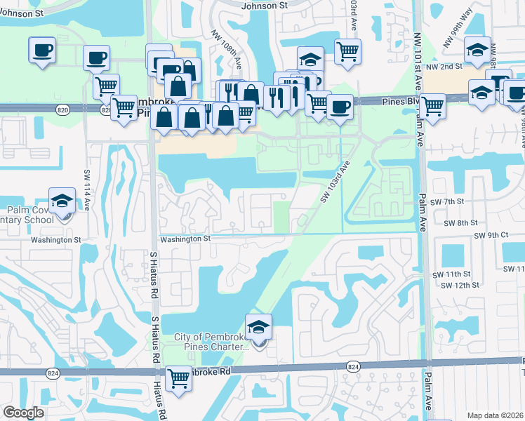 map of restaurants, bars, coffee shops, grocery stores, and more near 662 Southwest 106th Avenue in Pembroke Pines