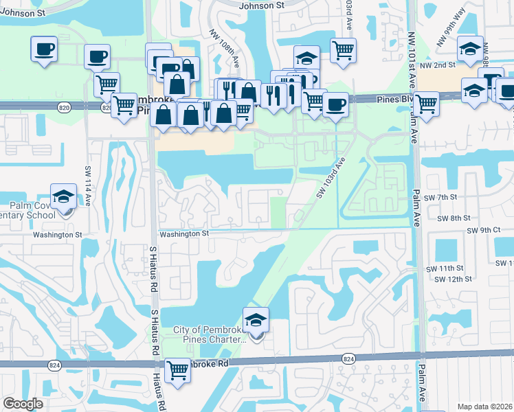 map of restaurants, bars, coffee shops, grocery stores, and more near 662 Southwest 106th Avenue in Pembroke Pines