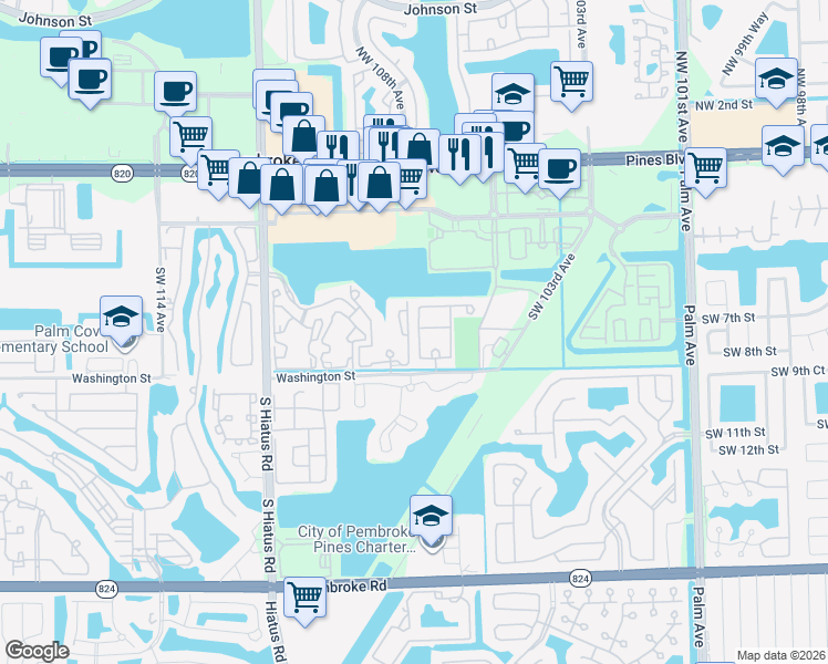 map of restaurants, bars, coffee shops, grocery stores, and more near 636 Southwest 107th Avenue in Pembroke Pines