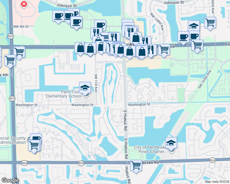 map of restaurants, bars, coffee shops, grocery stores, and more near 655 Southwest 113th Lane in Pembroke Pines