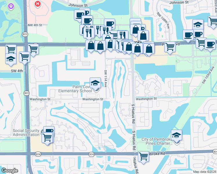 map of restaurants, bars, coffee shops, grocery stores, and more near 661 Southwest 113th Way in Pembroke Pines