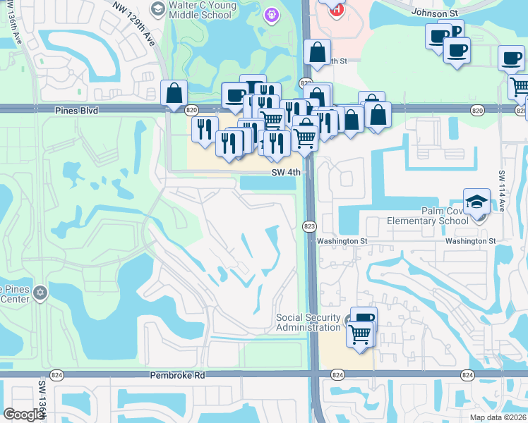 map of restaurants, bars, coffee shops, grocery stores, and more near 800 Southwest 125th Way in Pembroke Pines
