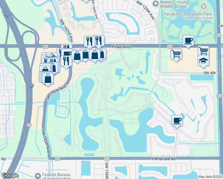 map of restaurants, bars, coffee shops, grocery stores, and more near 13575 Southwest 135th Terrace in Pembroke Pines