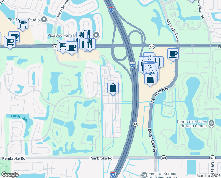 map of restaurants, bars, coffee shops, grocery stores, and more near 634 Southwest 148th Avenue in Pembroke Pines