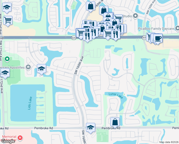 map of restaurants, bars, coffee shops, grocery stores, and more near 15984 Southwest 3rd Street in Pembroke Pines