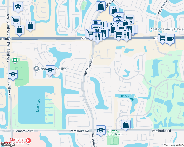 map of restaurants, bars, coffee shops, grocery stores, and more near 394 Southwest 159th Lane in Pembroke Pines