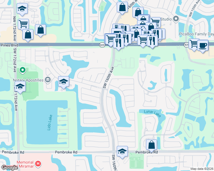 map of restaurants, bars, coffee shops, grocery stores, and more near 394 Southwest 159th Lane in Pembroke Pines
