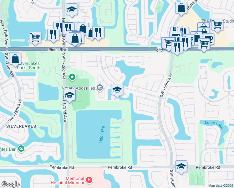 map of restaurants, bars, coffee shops, grocery stores, and more near 600 Southwest 167th Way in Pembroke Pines