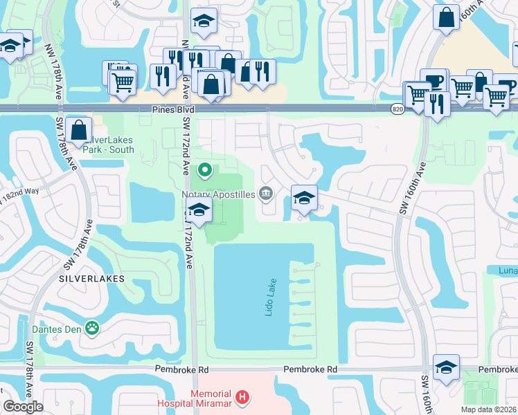 map of restaurants, bars, coffee shops, grocery stores, and more near 676 Southwest 168th Terrace in Pembroke Pines
