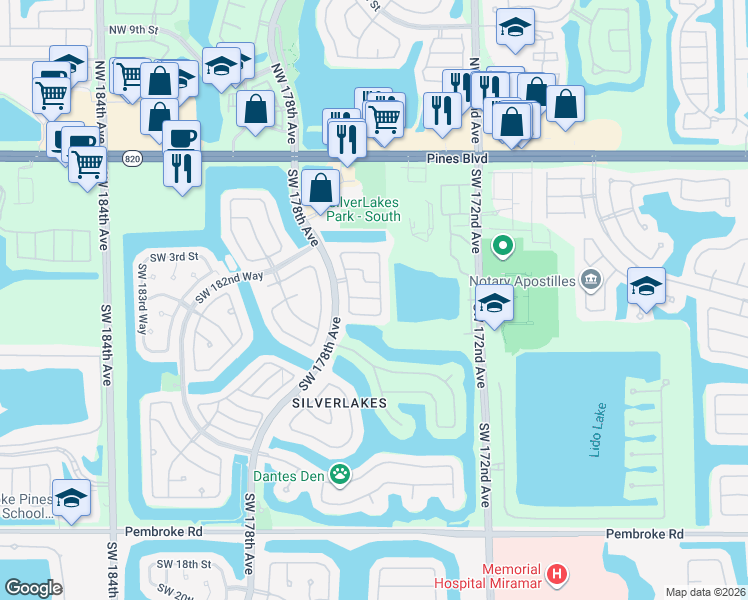 map of restaurants, bars, coffee shops, grocery stores, and more near 561 Southwest 176th Avenue in Pembroke Pines