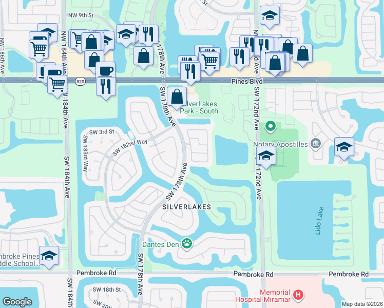 map of restaurants, bars, coffee shops, grocery stores, and more near 17685 Southwest 6th Street in Pembroke Pines