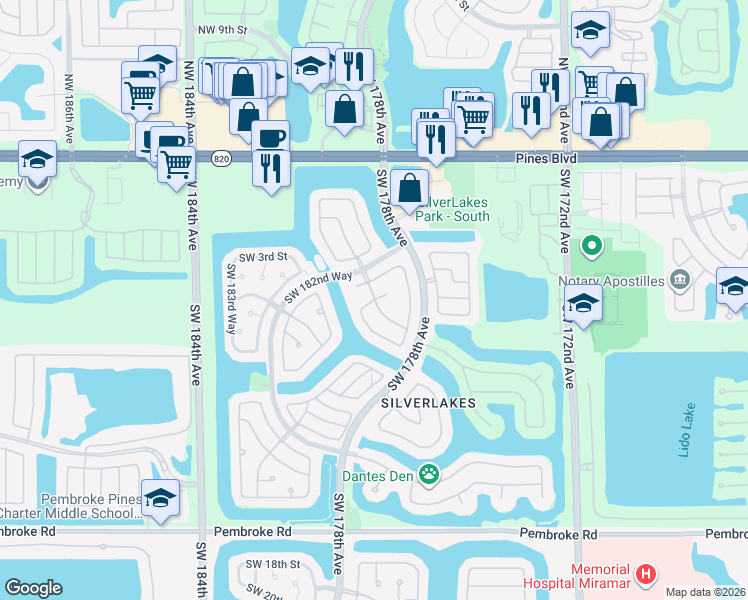 map of restaurants, bars, coffee shops, grocery stores, and more near 17883 Southwest 5th Street in Pembroke Pines