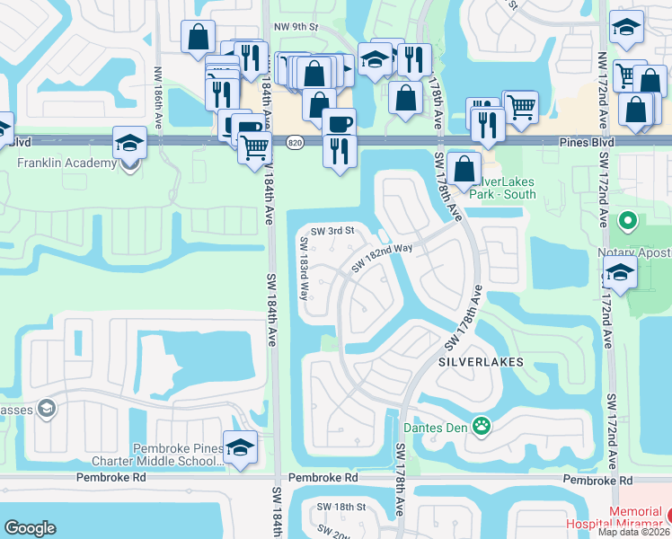 map of restaurants, bars, coffee shops, grocery stores, and more near 423 Southwest 183rd Terrace in Pembroke Pines