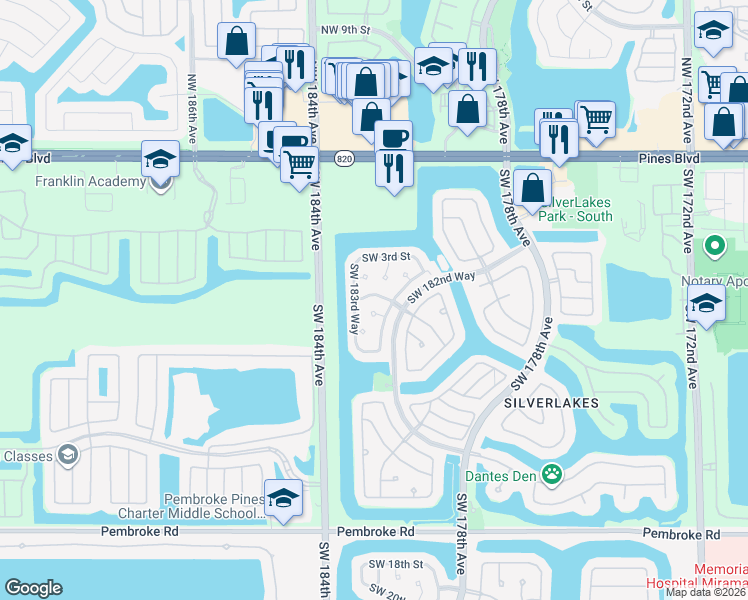 map of restaurants, bars, coffee shops, grocery stores, and more near 423 Southwest 183rd Terrace in Pembroke Pines