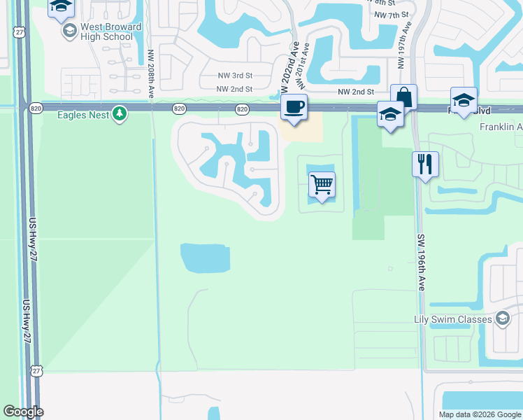 map of restaurants, bars, coffee shops, grocery stores, and more near 439 Southwest 204th Avenue in Pembroke Pines