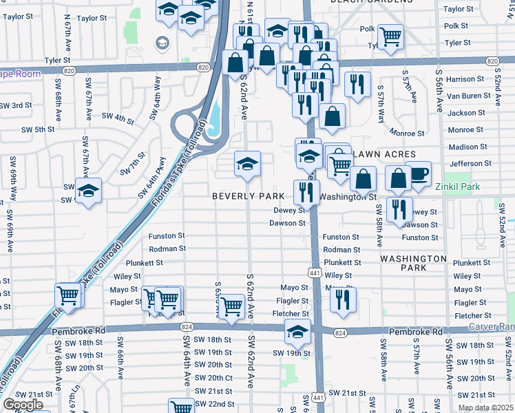 map of restaurants, bars, coffee shops, grocery stores, and more near 6136 Washington Street in Hollywood