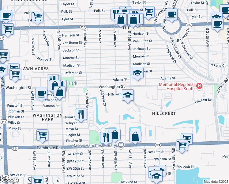 map of restaurants, bars, coffee shops, grocery stores, and more near 4802 Washington Street in Hollywood