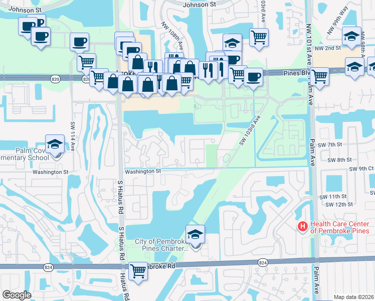 map of restaurants, bars, coffee shops, grocery stores, and more near 706 Southwest 107th Avenue in Pembroke Pines