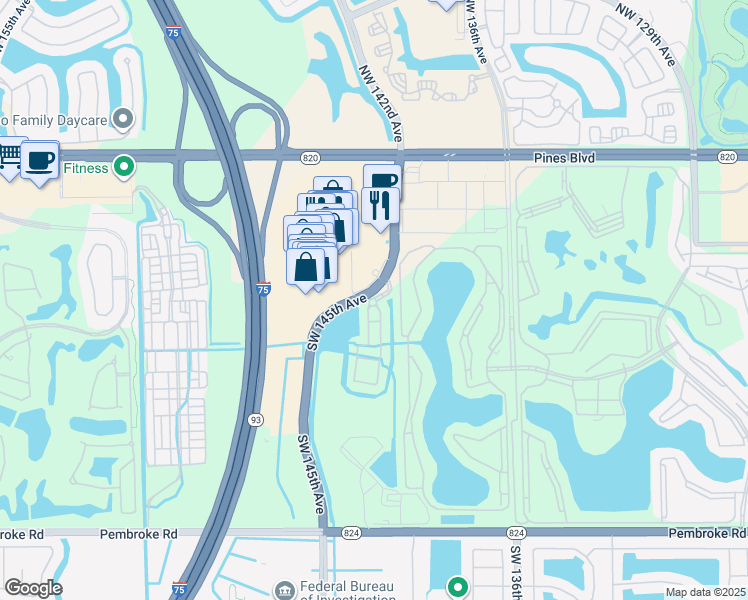 map of restaurants, bars, coffee shops, grocery stores, and more near 14300 Southwest 8th Street in Pembroke Pines