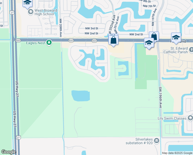 map of restaurants, bars, coffee shops, grocery stores, and more near 20414 Southwest 5th Street in Pembroke Pines
