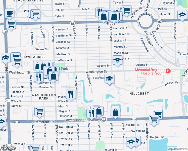 map of restaurants, bars, coffee shops, grocery stores, and more near 4950 Washington Street in Hollywood