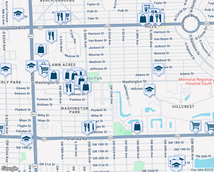 map of restaurants, bars, coffee shops, grocery stores, and more near 5300 Washington Street in Hollywood