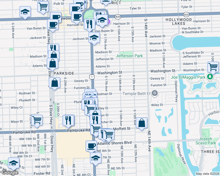map of restaurants, bars, coffee shops, grocery stores, and more near 1015 South 17th Avenue in Hollywood