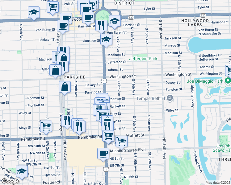 map of restaurants, bars, coffee shops, grocery stores, and more near 1739 Funston Street in Hollywood