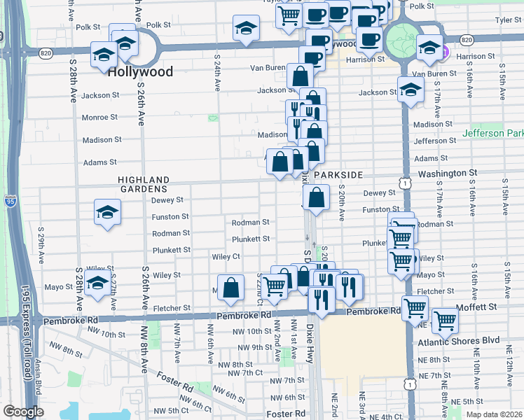 map of restaurants, bars, coffee shops, grocery stores, and more near 2201 Funston Street in Hollywood