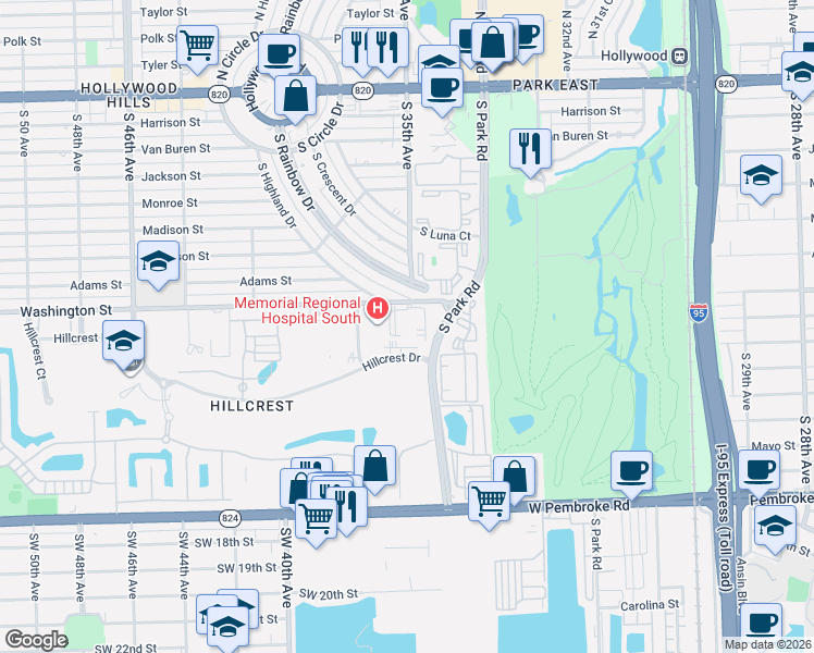map of restaurants, bars, coffee shops, grocery stores, and more near 3500 Washington Street in Hollywood