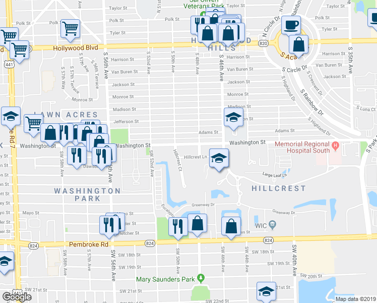 map of restaurants, bars, coffee shops, grocery stores, and more near 911 Hillcrest Court in Hollywood