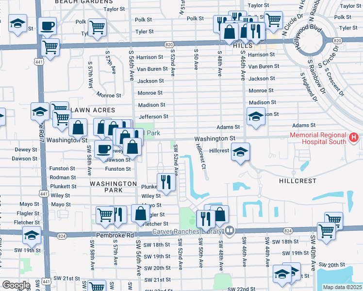 map of restaurants, bars, coffee shops, grocery stores, and more near 5100 Washington Street in Hollywood