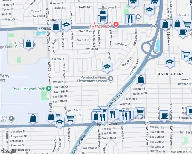 map of restaurants, bars, coffee shops, grocery stores, and more near 6801 Southwest 9th Street in Pembroke Pines