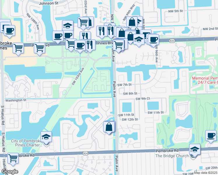 map of restaurants, bars, coffee shops, grocery stores, and more near 10170 Southwest 7th Street in Pembroke Pines