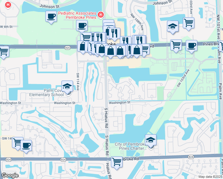 map of restaurants, bars, coffee shops, grocery stores, and more near 11133 Southwest 8th Street in Pembroke Pines
