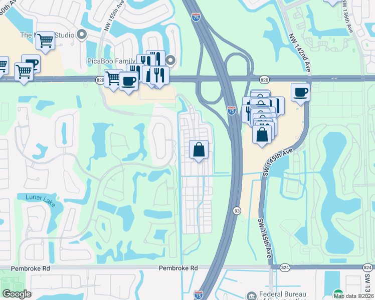 map of restaurants, bars, coffee shops, grocery stores, and more near 634 Southwest 148th Avenue in Pembroke Pines