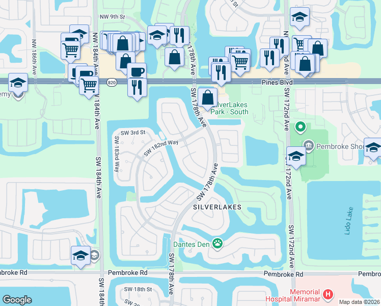map of restaurants, bars, coffee shops, grocery stores, and more near 17883 Southwest 5th Street in Pembroke Pines
