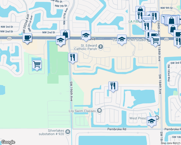 map of restaurants, bars, coffee shops, grocery stores, and more near 19106 Southwest 5th Street in Pembroke Pines
